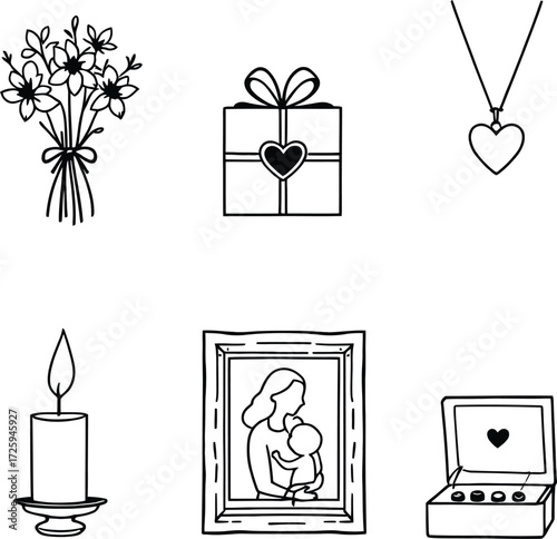 Sentimental Gift Icon Set Vector Featuring Flowers, Jewelry, Candle, Framed Photo, and Heart Box in Line Art Style
