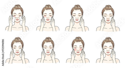 Illustrations depicting a woman performing facial massage techniques to enhance skin health and appearance through gentle upward strokes and pressure points