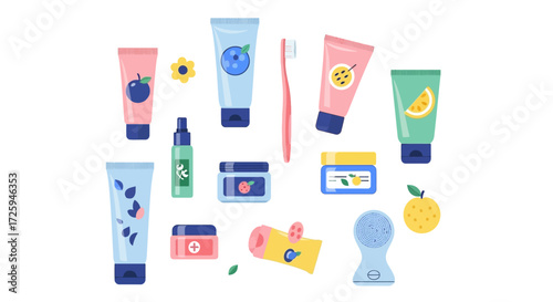 Collection of Skincare Products and Dental Hygiene Items with Fruity Themes