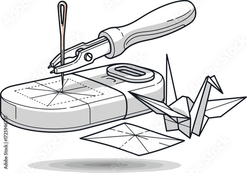 Origami and Crafting Tools: A detailed illustration showcases origami techniques, with essential crafting tools like a needle, creating a scene of focus, learning, and artistic expression.