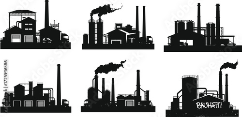Industrial factory plant silhouettes with chimneys, warehouses, smoke stacks, refinery buildings, heavy industry production sites and manufacturing power station illustration