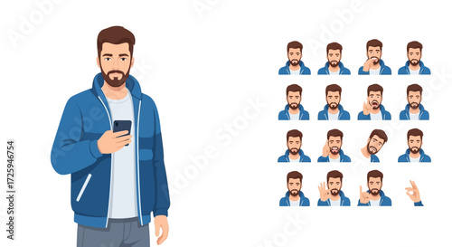 Modern Man Using Smartphone Showing Various Expressive Facial Emotions and Gestures Through Illustrated Avatars Ready for Digital Content Creation and User Interface Design