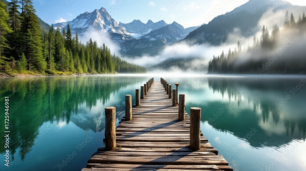 Obraz premium Serene lakeside dock with mountainous backdrop and morning mist in a tranquil natural setting