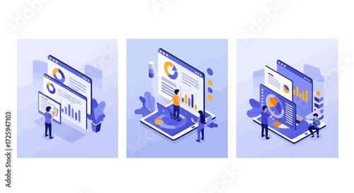 Modern Business Analytics and Data Visualization Concepts Explored Through Isometric Illustrations Showcasing Digital Platforms and Teamwork