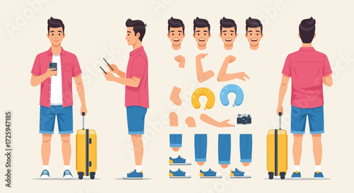 Character Design And Animation Kit For A Young Traveler Ready For Vacation With Mobile Device And Luggage