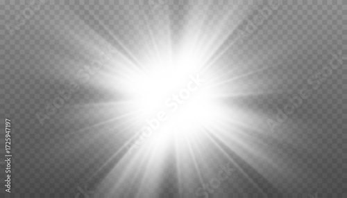 White light explosion, starburst glow effect on transparent background. 