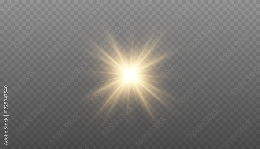 Fototapeta premium Golden starburst light effect. Gold star with rays, isolated. Sun PNG on transparent background