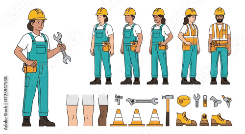 Diverse Construction Workers and Essential Tools for Building and Repair Projects Showcasing Teamwork and Professionalism in the Workforce