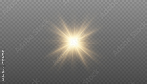 Golden starburst light effect. Gold star with rays, isolated. Sun PNG on transparent background