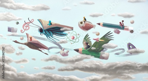 Book, education, and reading concept. imagination of child. fantasyart. surreal artwork. conceptual illustration.	