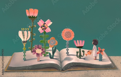 Book of imagination with a girl, Education dream hope inspiration and freedom concept, surreal painting. Fantasy art, conceptual artwork, happiness of child