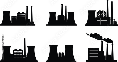 Nuclear power plant silhouettes with cooling towers and chimneys, industrial atomic energy station illustration, electricity generation facility vector design