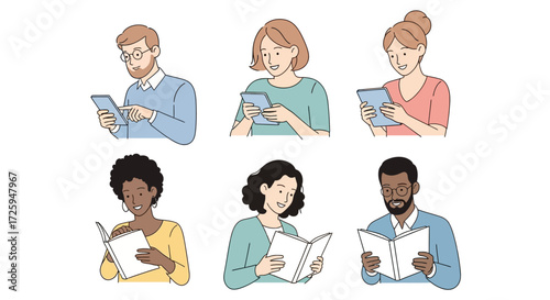 Diverse Group of People Engaging in Reading and Digital Device Usage Illustrating Educational Activities and Lifelong Learning Opportunities