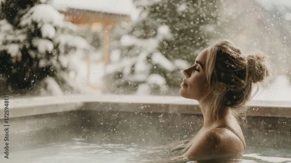 Obraz premium Young woman relaxing in an outdoor heated pool during winter, with snow gently falling around. Serene and cozy atmosphere, perfect for wellness, spa, and winter leisure concepts.