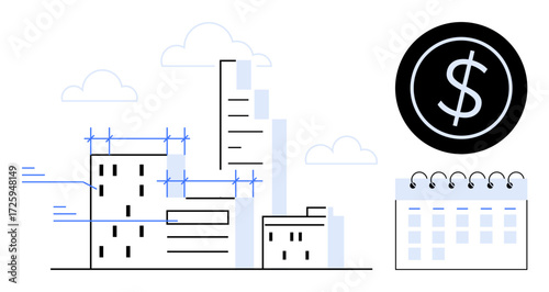 Buildings under construction with scaffolding, a dollar sign inside a black circle, and a calendar. Ideal for project management, budgeting, finance, architecture, real estate, urban planning simple
