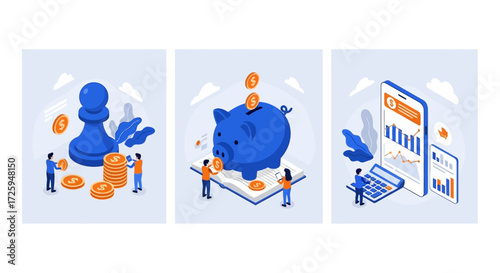 Financial planning and investment strategy for business growth and wealth accumulation visualized with isometric illustrations