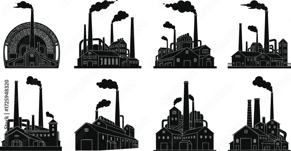 Fototapeta premium Old industrial factory buildings with smoke stacks, vintage chimneys, retro power plants, warehouse manufacturing sites, black silhouette industry illustration design