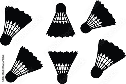Black and white badminton shuttlecock silhouettes illustration, sports vector design, athletic game equipment graphic, competitive shuttle pattern, simple minimal artwork for players