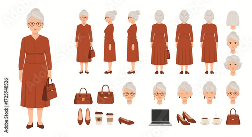 Character Design Reference Sheet for an Elderly Woman in a Business Suit with Accessories and Expressions