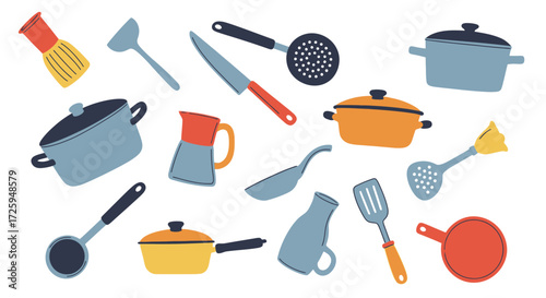 A Vibrant Collection of Various Kitchen Utensils and Cookware Hand-Drawn in a Whimsical Style