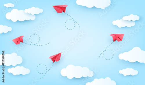 Blue background with white clouds and flying red paper airplanes with dotted flight line.