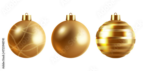 gold color various pattern christmas balls set.3D realistic christmas decorations concept clip art isolated design on the white background vector illustration.
