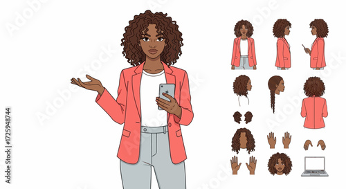 A young woman of color with an afro hairstyle in a pink blazer and gray pants holds a smartphone and gestures with her left hand