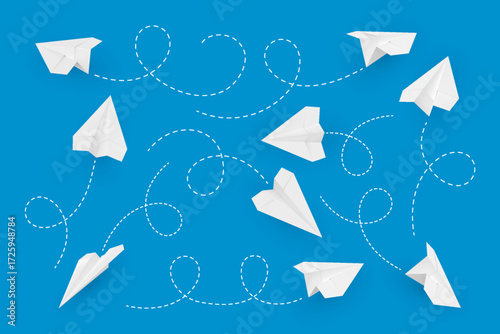 Realistic handmade paper planes with dotted air route line, vector 3d white sheet folded into airplane, origami aircraft