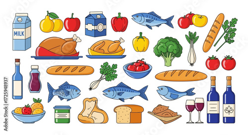 A Vibrant Assortment of Wholesome Food Items and Ingredients Presented in a Flat Design Style