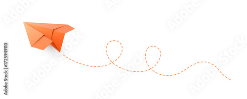 Vector paper airplane, orange color and dotted curved flight line with curls.