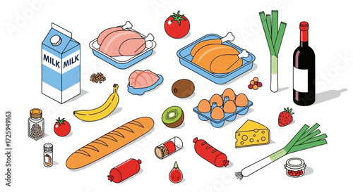 A Variety of Fresh Groceries Including Meats Fruits Vegetables Dairy Bread and Wine