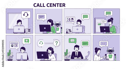 Illustrations depicting various scenarios in a busy call center environment showcasing customer service interactions and technological advancements in support operations