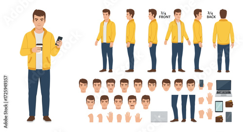 Male Character Model Sheet With Multiple Poses And Expressions For Animation And Game Development