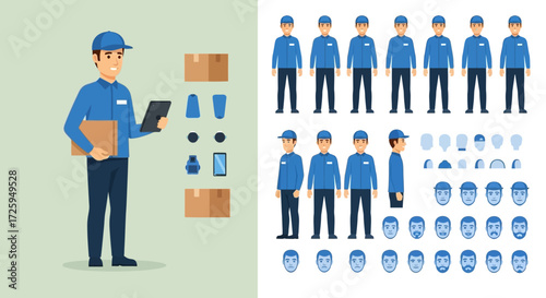 Delivery Person Character Creation Kit with Various Components and Accessories for Animation and Design Projects