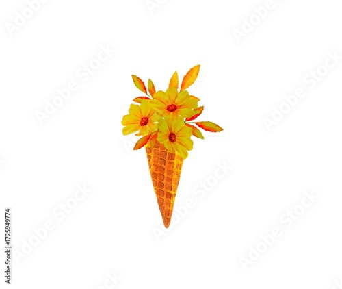 Watercolor bouquet flowers leaves pumpkin in cone waffle isolated white background .	
