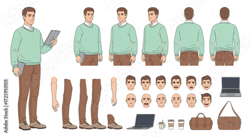 Professional Man Character Design Kit with Various Poses and Expressions for Digital Projects