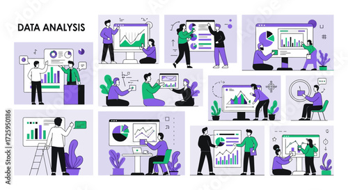 Illustrations of data analysis and business intelligence for website and presentations with people interacting with charts and graphs