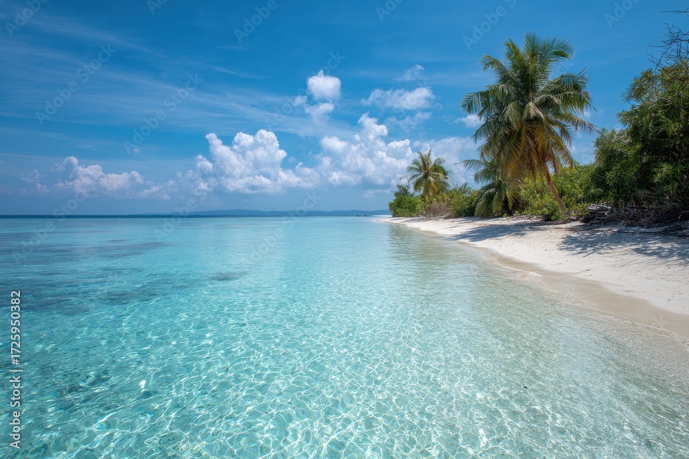 Naklejka premium Crystal clear turquoise ocean water meets a white sand beach with palm trees