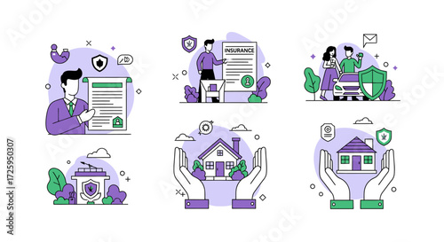 Illustrations depicting various aspects of insurance protection and financial security for homes and families