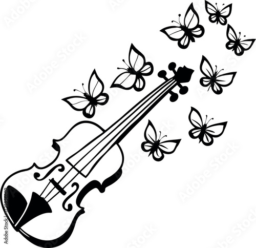 violin transforming into butterfly swarm illustration on transparent background