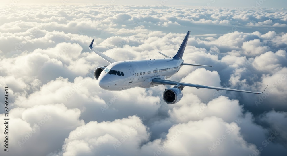 Obraz premium Commercial Airplane Flying Above the Clouds in a Deep Blue Sky View