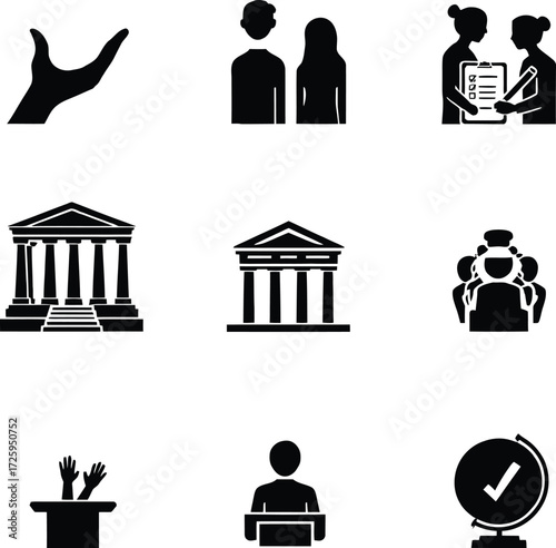 Civic Engagement Icon Set Vector Featuring Government Buildings, Public Speaking, Contracts, and Community Symbols in Line Art