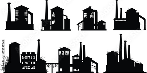 Set of abandoned industrial factory buildings with broken windows, overgrown plants and chimneys, vector silhouette illustration of ruins