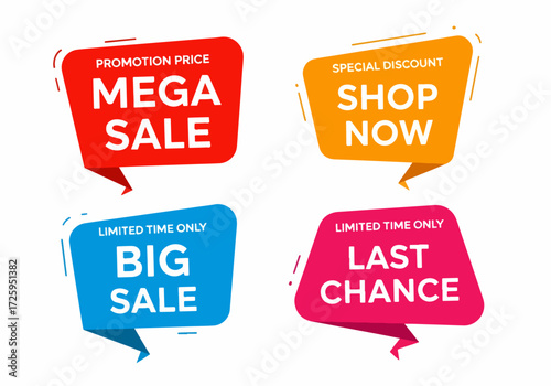 Set of color sale stickers and promotional labels for advertising. Discount price tags for retail marketing