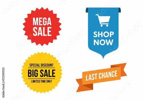 Set of color sale stickers and promotional labels for advertising. Discount price tags for retail marketing