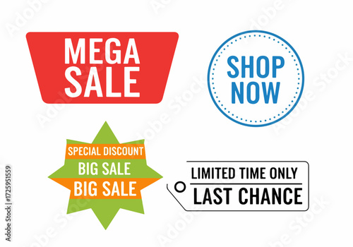 Big Vector set of promotional colourful labels and badges. Includes sale, discount, and special offer label collections. Vector illustration.