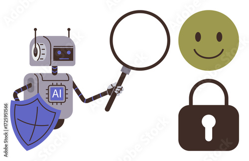 Robot holding magnifying glass with AI label and shield. Smile, lock icons convey security, analysis, trust, and privacy. Ideal for AI technology, cybersecurity, data analysis privacy trust