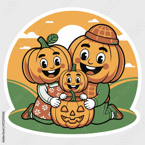Happy cartoon pumpkin family in a field with jackolantern