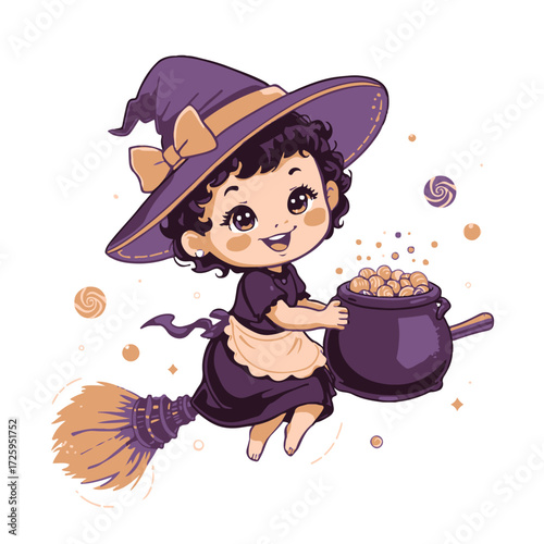 Cute baby witch flying on broomstick with cauldron, isolated on white background
