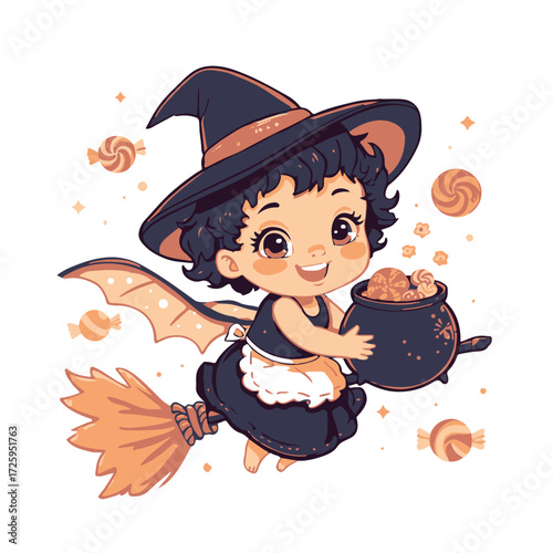 Cute witch girl flying on broom with cauldron and candy, isolated on white background
